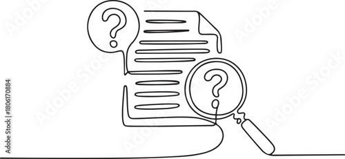 Continuous one line drawing of Paper document question mark photos with magnifying glass. one line Icon drawing with white background