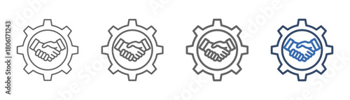 
Strategic partnership outline icon sheet with gear and handshake design