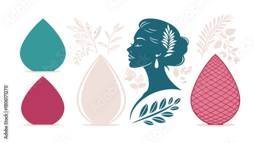 Elegant beauty illustration with a woman's profile, floral elements, and makeup sponges in a modern, minimalist style perfect for cosmetic branding