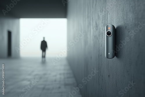 Modern security camera mounted on a textured wall, with a blurred figure in the background, creating a sense of surveillance and safety in a contemporary environment