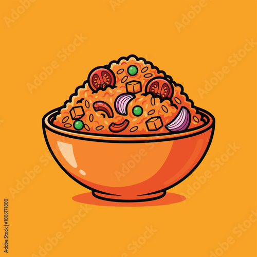A vibrant cartoon illustration of a delicious bowl of vegetable pilaf or fried rice, featuring tomatoes, peas, onions, and cashews, served in an orange bowl.