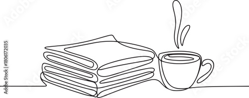 Continuous one line drawing of a stack of news newspapers with cup of coffee. one line Icon drawing with white background