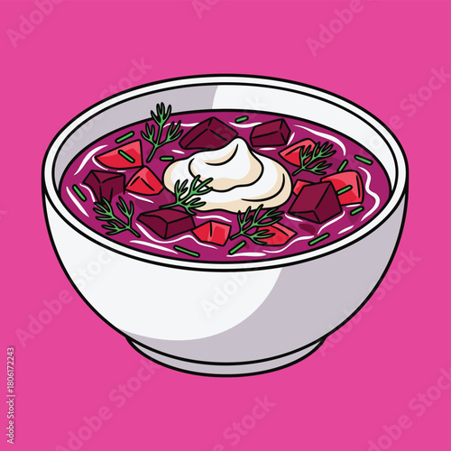 A vibrant illustration of a bowl of borscht soup, garnished with fresh dill and a dollop of sour cream, against a pink background.