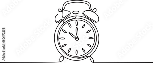 Continuous one line drawing of vintage alarm clock vector design, Clock drawn symbol. One line art continuous icon. one line Icon drawing with white background