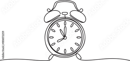 Continuous one line drawing of vintage alarm clock vector design, Clock drawn symbol. One line art continuous icon. one line Icon drawing with white background