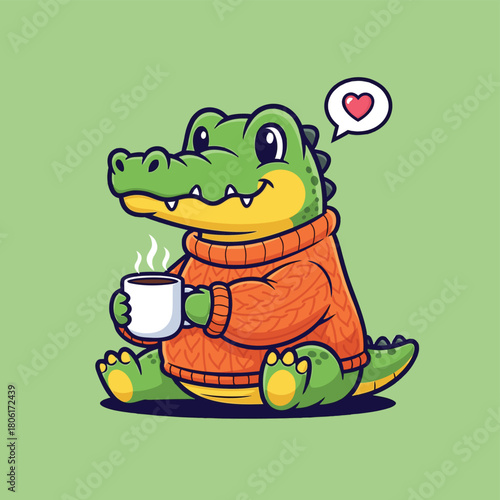 A cute cartoon alligator wearing an orange sweater, holding a steaming mug with a heart thought bubble, on a green background.
