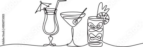 continuous one line drawing of exotic cocktail drinks. Cocktail drink continuous one line drawing. one line Icon drawing with white background