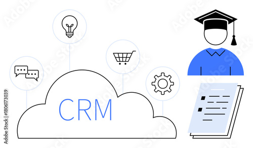 CRM cloud with icons for ideas, shopping, messages, settings, paired with a graduate figure and checklist. Ideal for education, teamwork, innovation, business management customer relations