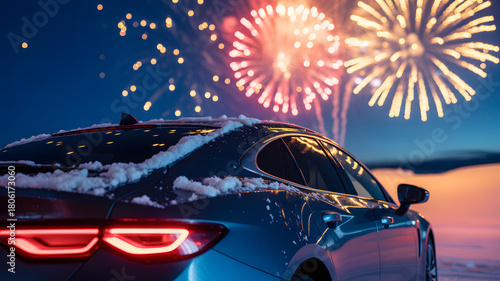 Luxury car sparkling under fireworks on New Year's Eve, winter celebration travel vibe