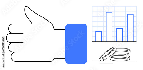 Hand with a thumbs-up alongside a bar chart and stacked coins emphasizing approval, success, and positive financial outcomes. Ideal for business, analytics, finance, investment, economy, growth