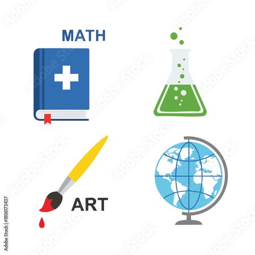Educational symbols for different school subjects isolated on white.