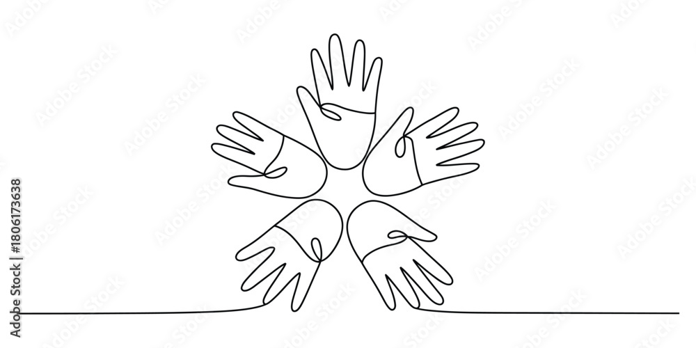Obraz premium Continuous line art of five hands symbolizing unity and connection