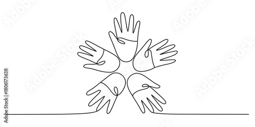 Continuous line art of five hands symbolizing unity and connection