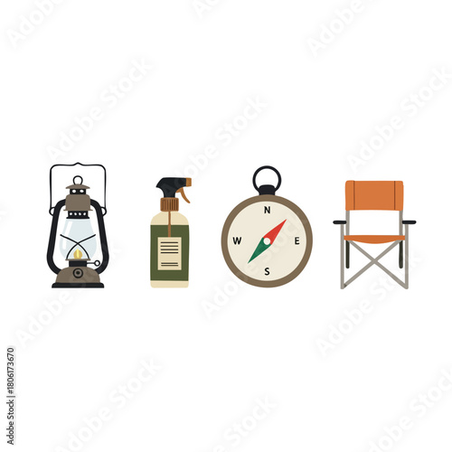 Essential Camping and Outdoor Adventure Gear Icon Set.