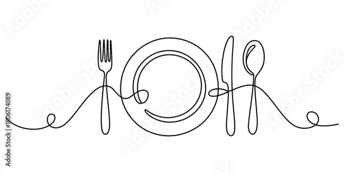 Single line art illustration of dining plate and cutlery set.
