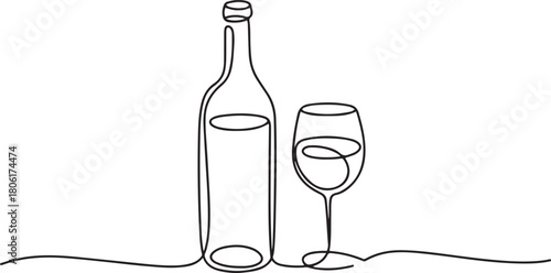 Wine bottle and wine glass drawing with one continuous line, Continuous line one drawing of wine bottle with wineglass. one line Icon drawing with white background