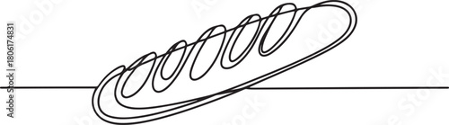 Bread one line drawing, One continuous line drawing of long loaf bread, Bread in the form of a baguette. Long sandwich bread. one line Icon drawing with white background