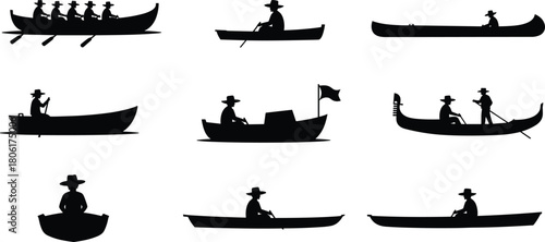 Boat Silhouette Set Featuring Rowing, Canoe, Kayak, Gondola, and Motorboat Scenes with People for Watercraft Illustration Use