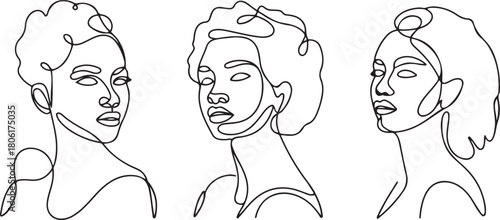 Set of Line art portrait African American women. Continuous one line drawing woman face isolated on white for logo. one line Icon drawing with white background