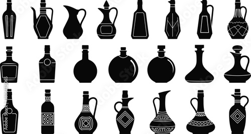 Bottle and Decanter Silhouette Collection Featuring Unique Shapes, Handles, and Stoppers for Packaging, Design, and Illustration Use