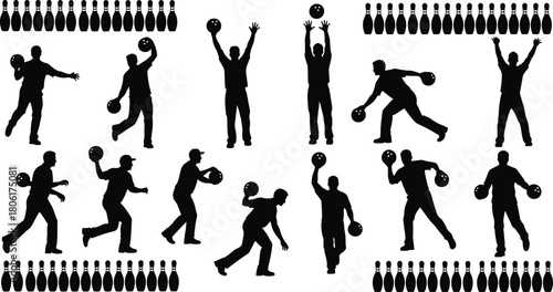 Bowling silhouette vector set with 16 dynamic player poses and 80 pin icons showing sport motion and celebration.