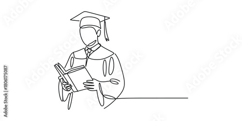 Graduating student in cap and gown reading book, single line art
