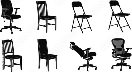 Chair silhouette vector set with eight diverse designs including office, dining, folding, and ergonomic seating illustrations.