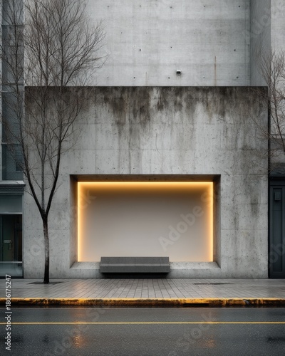 Minimalist concrete facade with inset lightbox and subtle water-stain textures