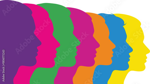 Colorful overlapping human profiles in silhouette style representing diversity, unity, identity, inclusion, teamwork, and multicultural communication concept illustration.