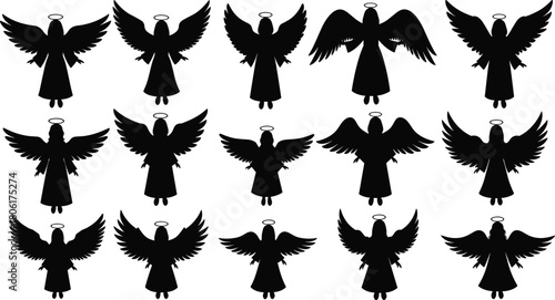 Christmas Angel Silhouettes Vector Set with Wings and Halos for Religious and Holiday Design