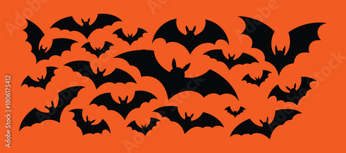 A multitude of black bat silhouettes swarm and fly across a vibrant orange background, creating a festive and spooky halloween pattern for decoration and design.