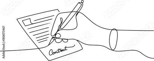 Continuous one line drawing of Hand signing contract agreement paper vector illustration. one line Icon drawing with white background