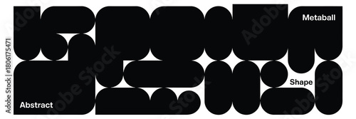 Abstract geometric composition with rounded shapes and metaball effect, dynamic pattern of black elements on white background, modern design concept, visual art