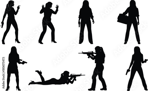 Female silhouette vector set with firearms showing dynamic poses, aiming stances, strength, action, and tactical movement illustrations.