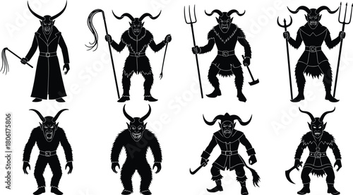Krampus and Devil Silhouettes Vector Set of Eight Horned Mythical Monsters Holding Pitchforks and Whips