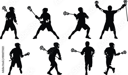 Lacrosse Player Silhouettes Vector Set of Eight Athletes Action Poses Shooting Running and Celebrating