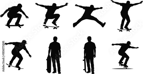 Male Skateboarder Silhouettes Set Performing Stunts Jumps And Holding Board Isolated Vector Illustration