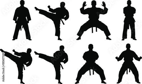 Martial Arts Silhouette Set Featuring Karate and Taekwondo Poses in Uniforms for Combat, Training, and Illustration Use
