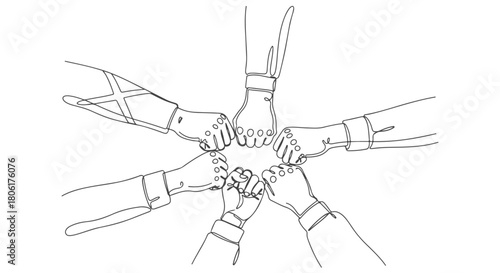 Seamless continuous line illustration of a group of hands joining in a celebratory fist bump, representing collective strength, partnership, and successful collaboration