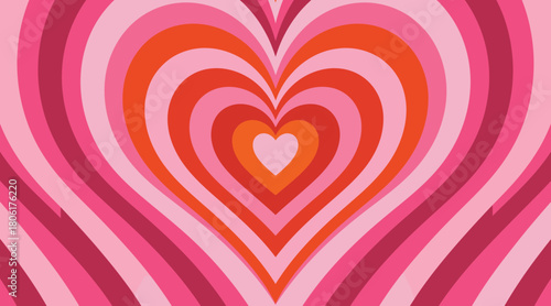 Retro psychedelic concentric heart pattern in pink and orange gradient, vibrant, romantic, abstract background graphic, visual art, love symbol, warm tones, groovy vibes, optical illusion effect