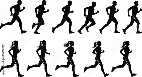 Running silhouette vector set with male and female figures showing dynamic stride phases, athletic motion, and sports biomechanics illustration.