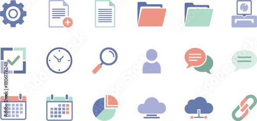 Collection of flat design icons representing business concepts like documents security time management communication data analysis and cloud storage for digital presentations and websites