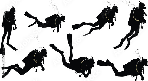 Scuba Diver Silhouettes Set Swimming Underwater With Equipment And Bubbles Vector Illustration