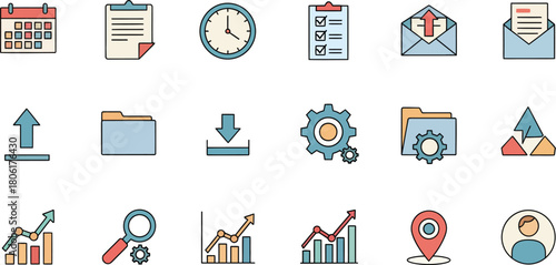 A collection of colorful flat icons representing various business and technology concepts including calendar documents email data analytics and communication tools for digital design and presentations
