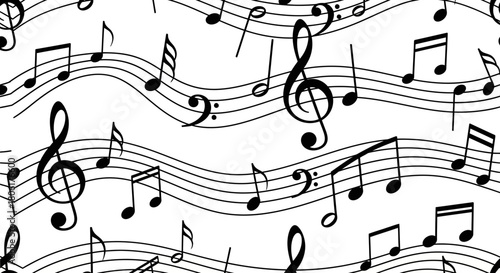 Elegant musical notes dance across a white background, perfect for creative projects, artistic expressions, and promoting the joy of music, a vibrant backdrop