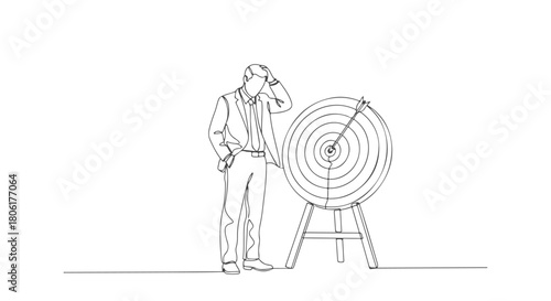 Continuous line drawing of a businessman looking confusedly at a bullseye target board, representing uncertainty and business strategy decisions, conceptual art