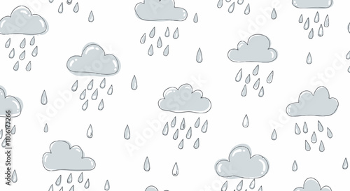 Adorable cartoon cloudscape with gentle rain falling makes a charming pattern for kids' decor, nursery wallpaper, or a whimsical weather-themed design