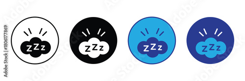 Set of four sleep icons with 'zzz' text on a cloud inside circles, representing slumber, rest, dreams, and tranquility in various color schemes.
