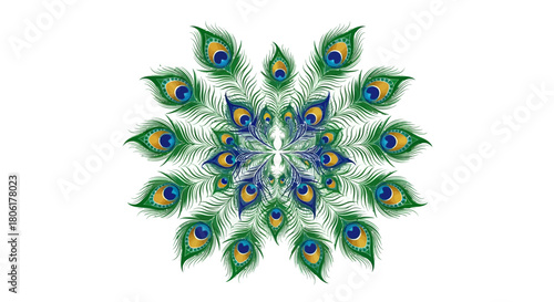 Intricate peacock feather mandala design with vibrant blue, green, and gold colors radiating from the center, perfect for decorative art and elegant backgrounds