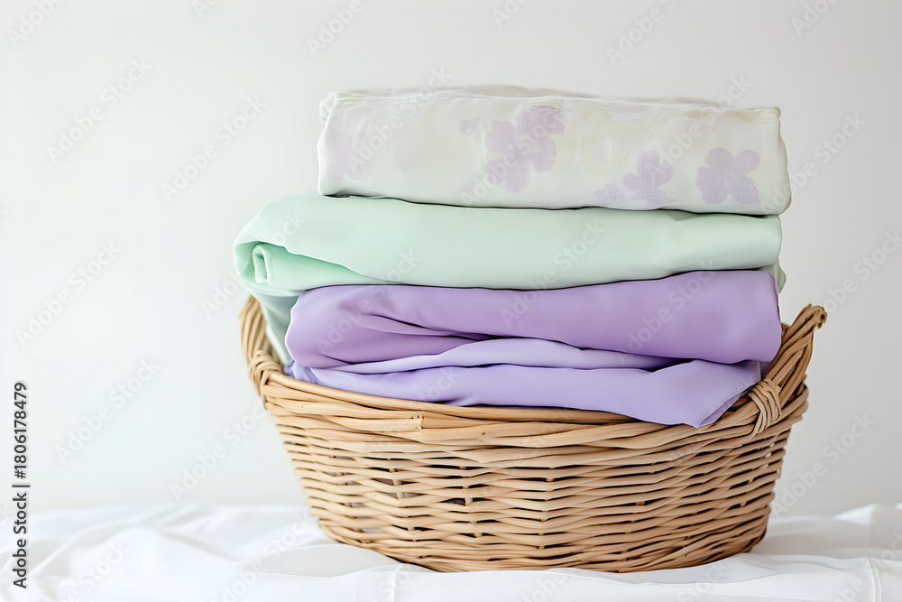 Obraz premium Wicker Laundry Basket Filled With Folded Pastel Clothes